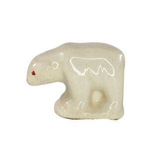 Vintage Pottery Polar Bear Figurine Inuit Style Sculpture Ceramic Red Eyes